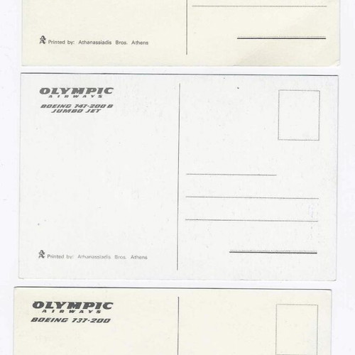 Olympic Airways cart postal set of 3 new with Boeing 727-200, 737-200, 747-200
