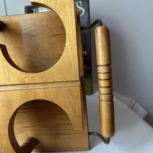Vintage wooden tray with 6 circular slots, Mid-Century Modern style