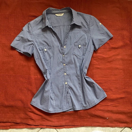 Sarah Lawrence women's short-sleeve checkered shirt, blue white