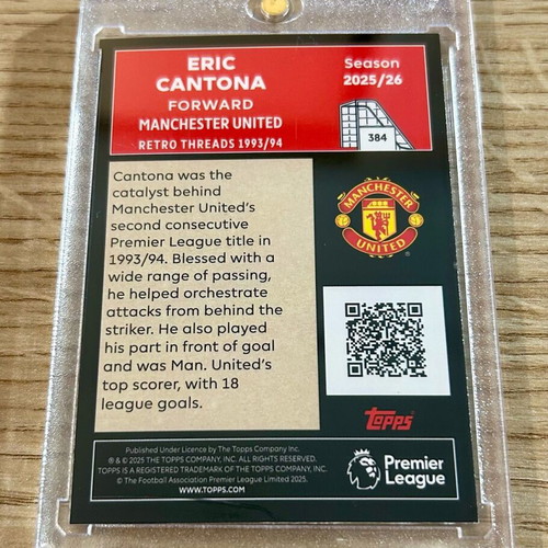 Eric Cantona Manchester United Topps 2025/26 card in acrylic case