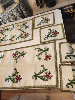 Set of 6 handmade embroidered table linens with cross-stitch