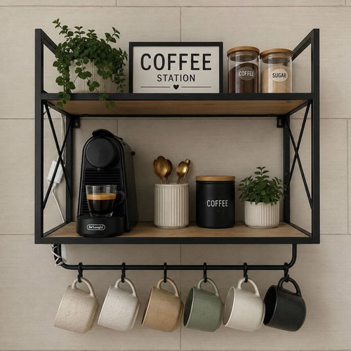 Double Kitchen Shelf used for Coffee Station with Hooks