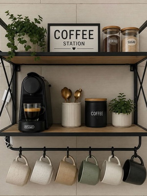 Διπλό ράφι κουζίνας μεταχειρισμένο για coffee station με φως LED