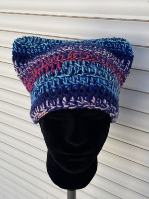 Crochet beanie with cat ears new, navy with colorful stripes