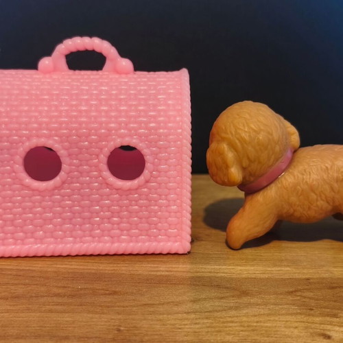 Pink pet carrier and dog toy used, very good condition