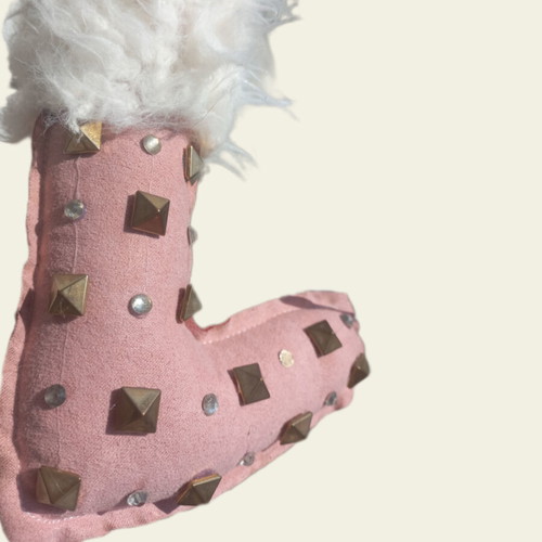 Large pink boot keychain with studs and Scandinavian decorative gnome