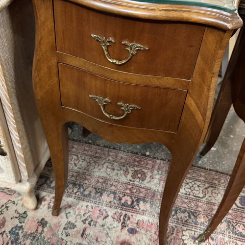 Marquetry bedside tables like new, 35x40 cm, height 66 cm with glass
