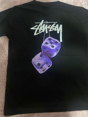 Stussy Fuzzy Dice T-Shirt, black with purple graphic