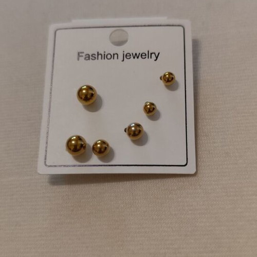 Gold stud earrings set of three pairs, stainless steel, new