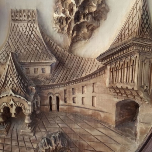 Russian handmade wood carving relief painting oval new