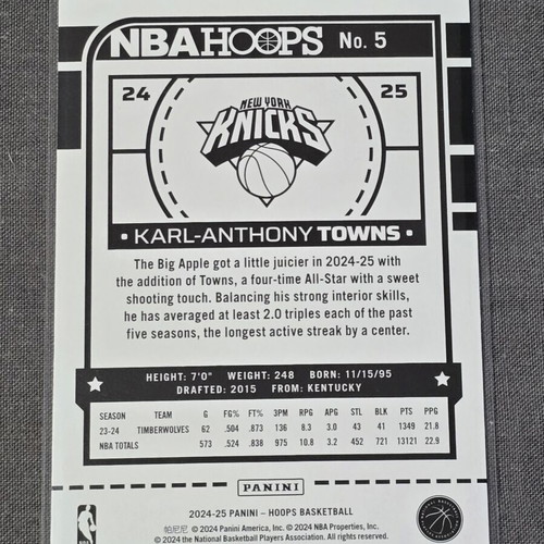 Karl Anthony Towns Purple Parallel NBA Hoops 2024-2025 Basketball Knicks card like new