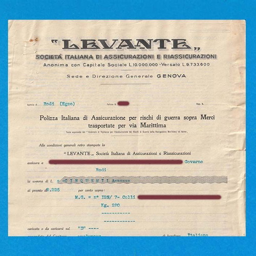 Levante insurance policy 1942 used with 5 Italian stamps