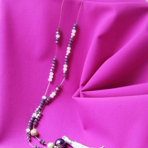 Long beaded necklace like new with purple, gray and white beads