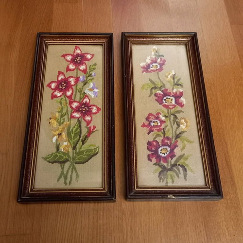 Vintage embroidery framed pictures used, set of 2 pieces