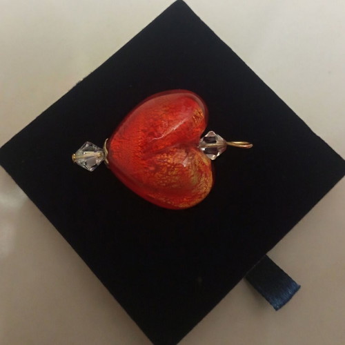 Murano glass red heart pendant with Swarovski crystals, gold fleck