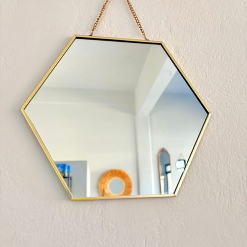 Hexagonal mirror with gold frame and chain new