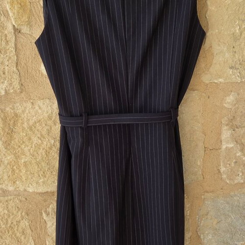 Caractere Pinstripe Belted Sleeveless V-Neck Dress new, deep navy blue