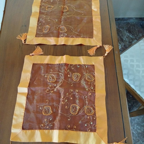 Embroideries used, runner and squares with orange tassels