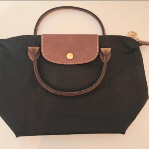 Longchamp Le Pliage black handbag with brown leather details