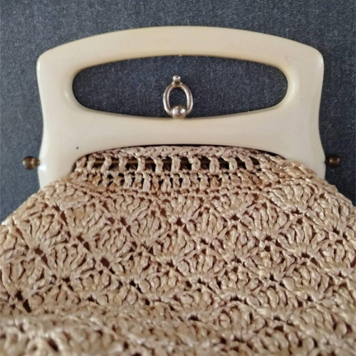 Vintage 60's handbag used, beige with plastic handle