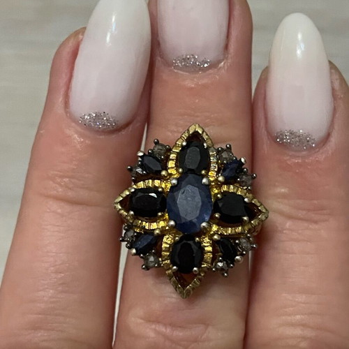 Gold ring 9k and silver 925 with sapphires and diamonds vintage used