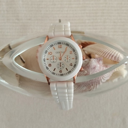 Geneva women's sport casual watch new, white and gold silicone