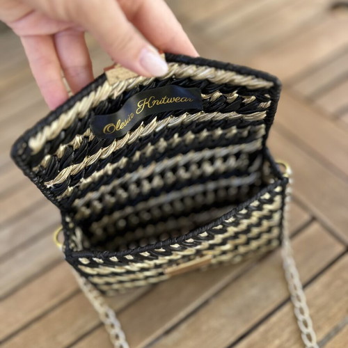 Handmade shoulder bag crossbody with black and gold Missoni-style pattern