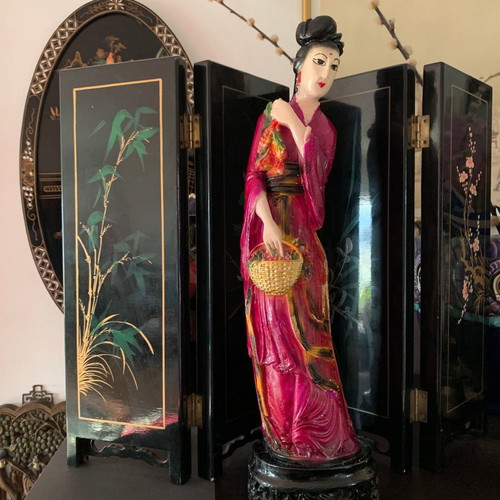 Asian Geisha Statue used, large hand-painted ceramic