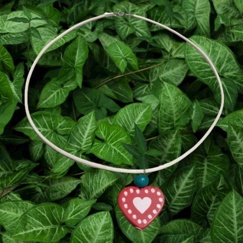 Children's necklace white leather with wooden red heart new
