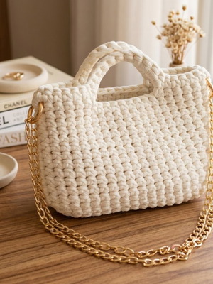 Handmade crochet bag new with double gold chain off-white