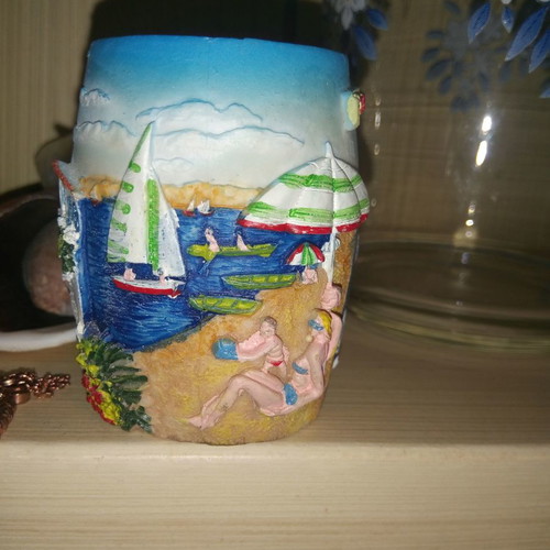 Ceramic toothpick holder new with embossed summer scenes