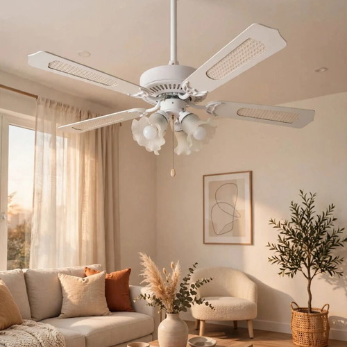 Ceiling fan with light used, 4 blades white flower design