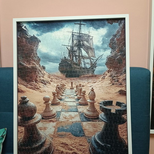Puzzle 1000 pieces with white wooden frame, like new, 50x70 cm