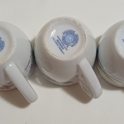 Loumidis Papagalos coffee cups set of 6 with D. Mytaras prints, new