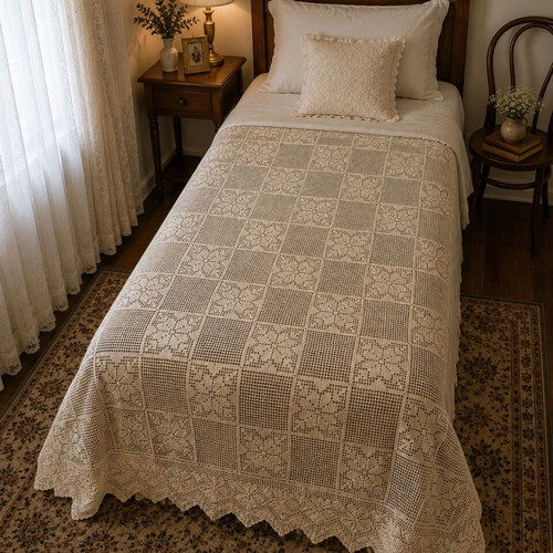 Handmade crochet curtain and bedspread, white, 2.02x1.30 m