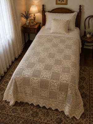 Handmade crochet curtain and bedspread, white, 2.02x1.30 m