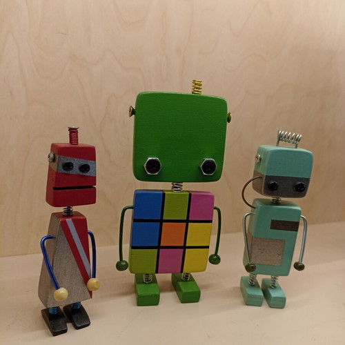 Vintage set of 3 handmade wooden robots new decorative