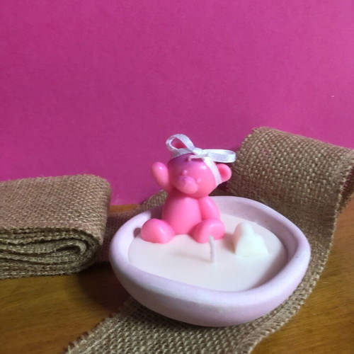Handmade candle pink teddy bear on plate new