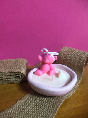 Handmade candle pink teddy bear on plate new