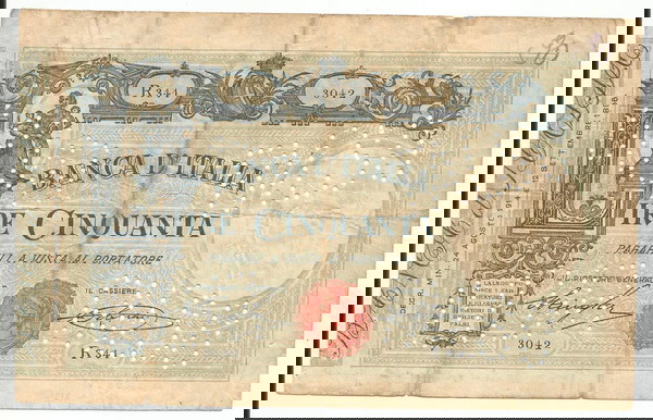 Rodi Egeo 1924, Италианска фалшива банкнота от 50 лири, FALCO (и с папка с документация)