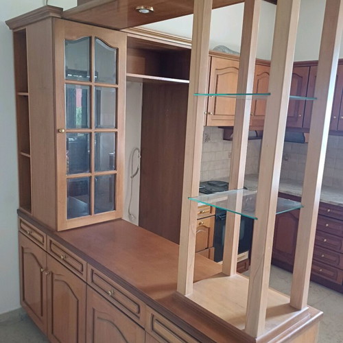 Wooden walnut display cabinet unit with lighting and storage spaces