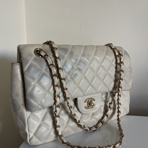 Chanel double flap leather shoulder bag, off white