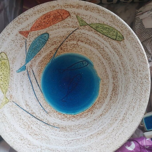 Decorative ceramic platter with colorful fish design, new