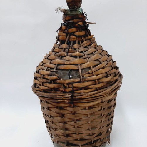 Dame-Jeanne vintage demijohn used, light blue glass with wicker