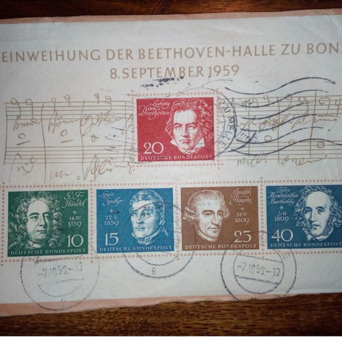 Sheet of stamps with great composers used, Germany 1959