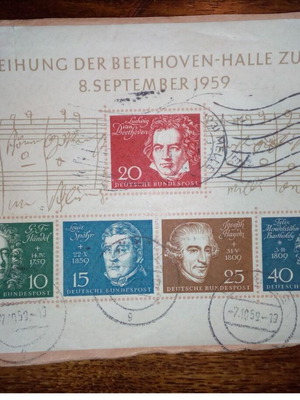 Sheet of stamps with great composers used, Germany 1959