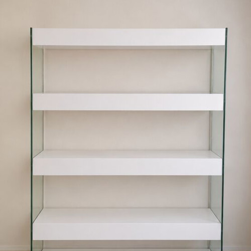 Modern bookshelf with glass sides used, white shelves