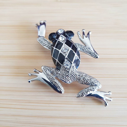 Frog brooch used, silver plated with black stones