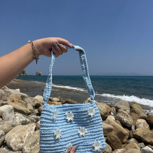 Knitted Blue Bag with Flowers New