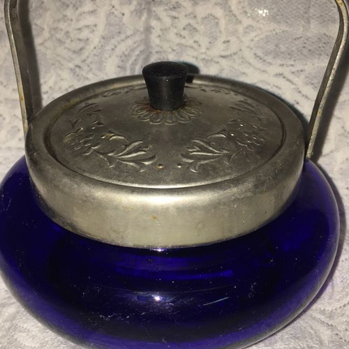 Sugar bowl used blue cobalt vintage with handle and designs